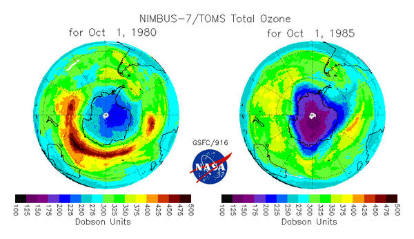 Trou d'ozone sud en 1980 et 1985
