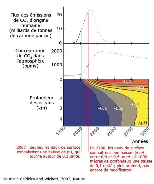 Évolution et prévision de l'acidification des océans de 1750 à l'an 3000.