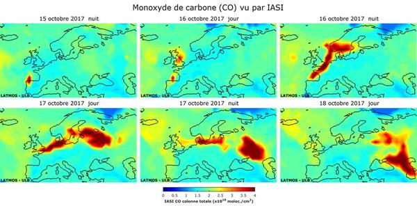 Panaches de monoxyde de carbone observé par l’instrument IASI deux fois par jour à bord du satellite Metop. La couleur rouge indique des concentrations élevées.
