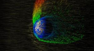 Image prise par MAVEN en 2015. Le vent solaire venant de la gauche chasse les molécules de l'atmosphère martienne. Fourni par l’auteur, CC BY 