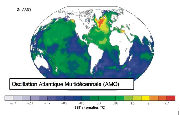 L’oscillation décennale de l’Atlantique Nord. a) Structure spatiale qui montre un maximum de variation au sud du Groenland. D. R.