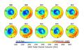 Concentration d’ozone (en unités Dobson) mesurées mi-septembre depuis 10 ans par le sondeur infrarouge IASI à bord du satellite Metop. L’amplitude et la répartition géographique du trou (en bleu) varie en fonction des conditions météorologiques. Anne Boynard/LATMOS, CC BY-NC-ND