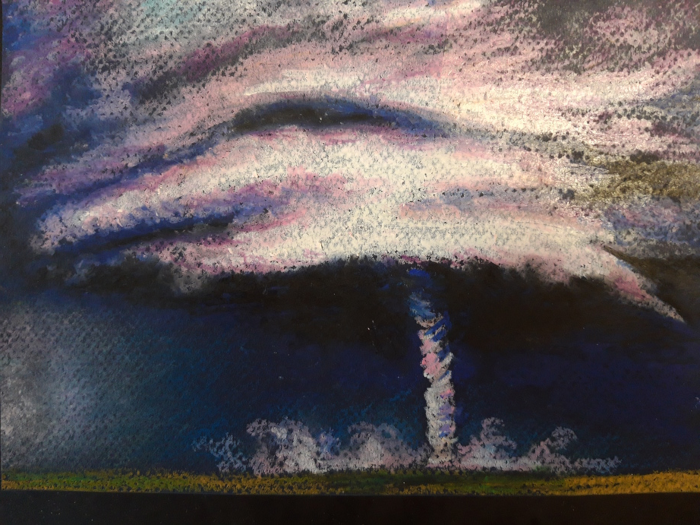 Orage super-cellulaire avec tornade sur les grandes plaines américaines, pastel à l'huile de Camille Risi d'après photo libre de droits, 2022.