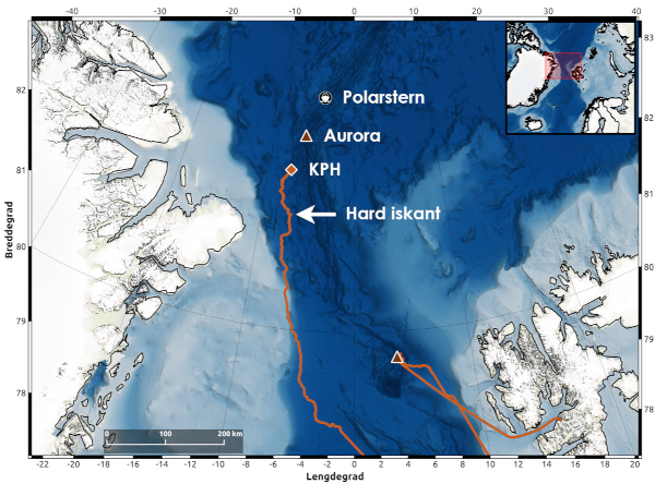 Légende : Le trait rouge montre le parcours du Kronprins Haakon entre le 8 juillet, au départ de Longyearbyen dans les îles Svalbard, jusqu’au champs hydrothermal Aurora, où il a croisé, le 19 juillet, le chemin du brise-glace allemand Polarstern. Carte réalisée par Yannick Kern (NPI), à partir de la grille GEBCO 2021.