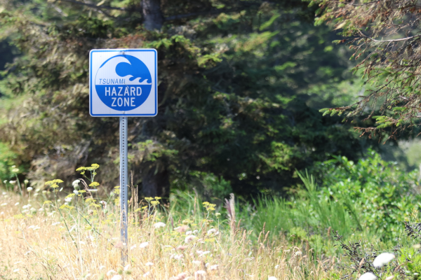 Panneau "Tsunami Hazard Zone", très courant le long de la côte de l'Oregon et de la Californie. Manchester, Californie, 15 août 2023 © T.Claveau