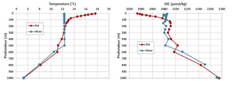 Figure 1 : Profils de température et de carbone en été et hiver (observations à la station OISO15 à 40°S-77°E, Océan Indien Sud). Les figures présentent la température de l’eau (à gauche) ou la concentration en carbone inorganique dissous (DIC) (à droite) en fonction des profondeurs, par saison été ou hiver. 