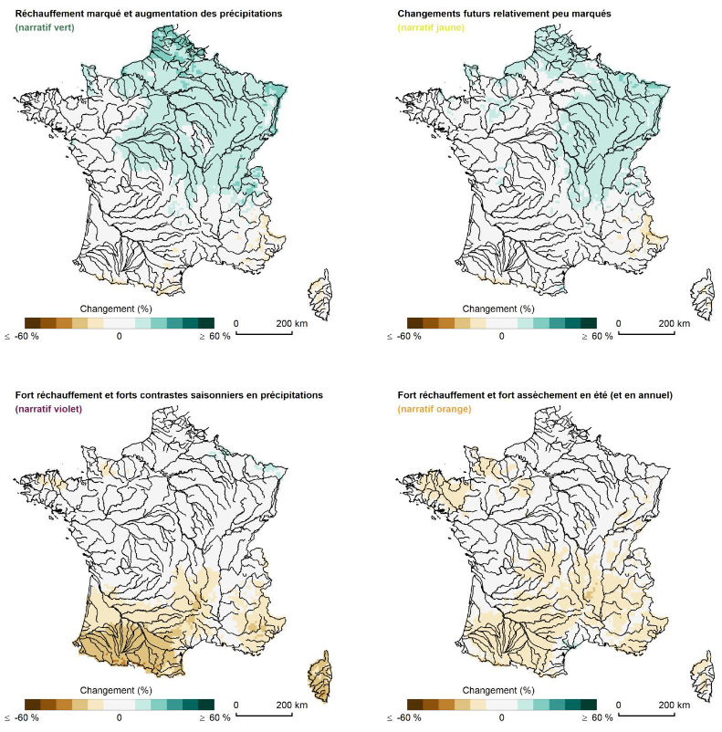 Figure 1 : Changements projetés pour les cumuls annuels de précipitation pour quatre futurs contrastés sous scénario de fortes émissions en fin de siècle (référence : 1976-2005) Source : © INRAE.