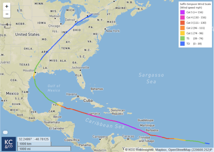 Figure 1 : Trajectoire de l'ouragan Béryl entre le 28 juin et le 12 juillet, de bas en haut © Karen Clark & Company