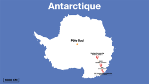 Axe de 1 100 km le long duquel seront déployés les instruments de mesure et d’observation du projet AWACA. Il relie la station Dumont d'Urville sur la côte, à la station Concordia au centre du plateau Antarctique. Cet axe est aligné sur les trajectoires de masses d’air transportant l’humidité de l’océan vers l’intérieur du continent. © Clément Olivier / EPFL