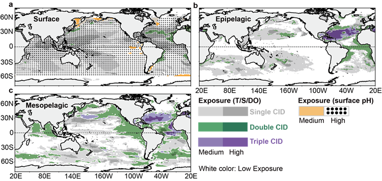 Carte mondiale montrant dans quelles régions l’océan est le plus exposé à plusieurs changements liés au climat — réchauffement, variations de salinité, perte d’oxygène et acidification — depuis 1960. Les trois cartes représentent la surface (a), les 0–200 m de profondeur (b) et les 200–1000 m (c). Les zones blanches correspondent aux régions les moins touchées. D. R.