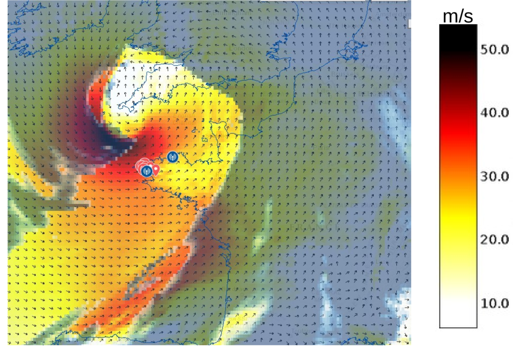 Figure 4 : Prévision du modèle opérationnel ARPEGE de Météo-France initialisé le 8 janvier à 00h UTC et valide le 8 janvier à 18h UTC. L’intensité du vent horizontal moyen proche de la surface est montré en plages de couleur du jaune vers le noir tandis que la couverture nuageuse en haute altitude est en bleu transparent. Source : Météo-France + site web AERIS