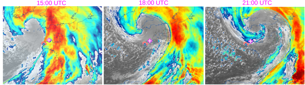 Figure 1 : Données haute résolution infrarouge du satellite MTG (Meteosat Troisième Génération) Meteosat 12 à 10.5 μm pour 3 instants : 15h00 UTC (16h00 locale) à gauche, 18h00 UTC (19h00 locale) au milieu et 21h00 UTC (22h00 locale) à droite. La croix en magenta et blanc localise le site de Lannion. Source : site web AERIS : https://observations.ipsl.fr/aeris/nawdic/#/map