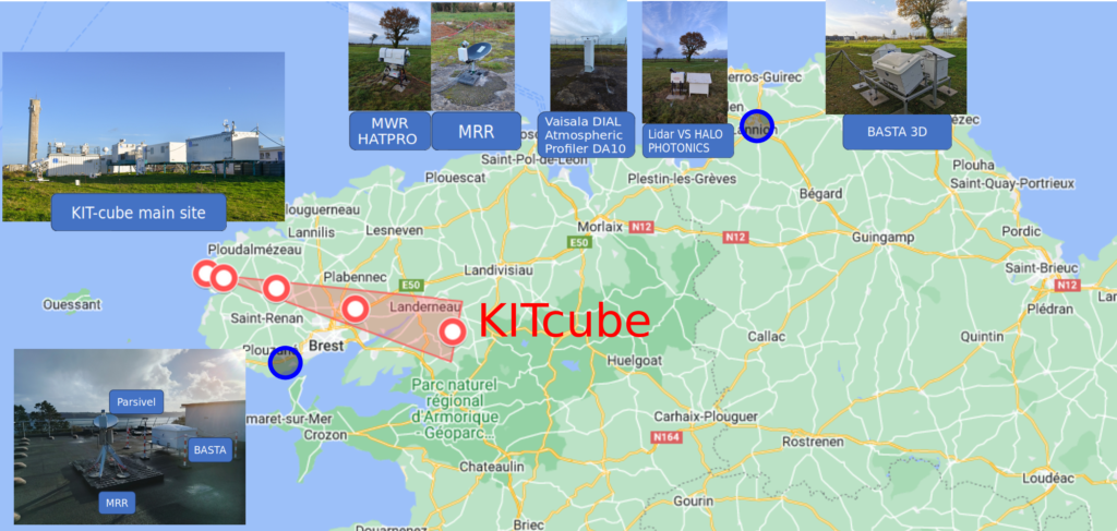 Figure 4 : Schéma illustrant le déploiement de différents instruments sur le Finistère nord et les côtes d’Armor : l’équipe allemande du Karlsruhe Institute of Technology a mis en place 5 sites instrumentés (KITcube en rouge) tandis que l’équipe française (partenaires : LATMOS, OPGC, CNRM) a mis en place 2 sites, un à Plouzané près de Brest et un autre à Lannion.