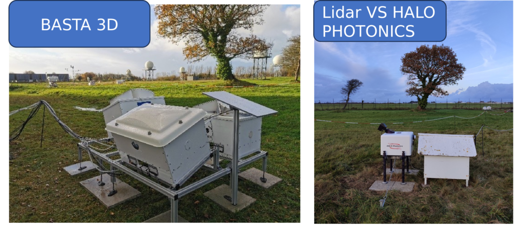 Figure 2 : Exemple d’une synergie instrumentale déployée sur sur le site de Météo-France à Lannion pendant l’hiver 2025-2026 : à gauche, la combinaison de 3 radars nuages BASTA appartenant à 3 laboratoires différents (LATMOS, CNRM, OPGC-LaMP-LMV), à droite le lidar vent VS HALO Photonics (1.5 μm) des moyens mobiles du CNRM.