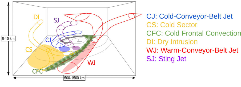 Figure 2 : Modèle conceptuel de la structure 3D d’une dépression. Différents types de masses d’air qui peuvent engendrer des vents forts en surface sont schématisés : la bande transporteuse d’air chaud (WJ), la bande transporteuse d’air froid (CJ), le sting jet (SJ) la convection frontale (CFC), l’intrusion d’air sec (DI), ou encore le secteur froid (CS). Adapté de Eisenstein et al. (2022)