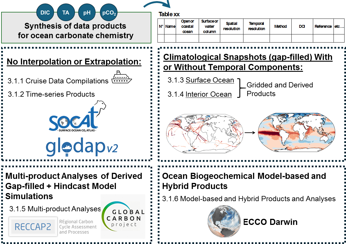 Diagramme représentant les informations listées dans la synthèse des produits dédiés au CO2 océanique (Jiang et al., 2026).