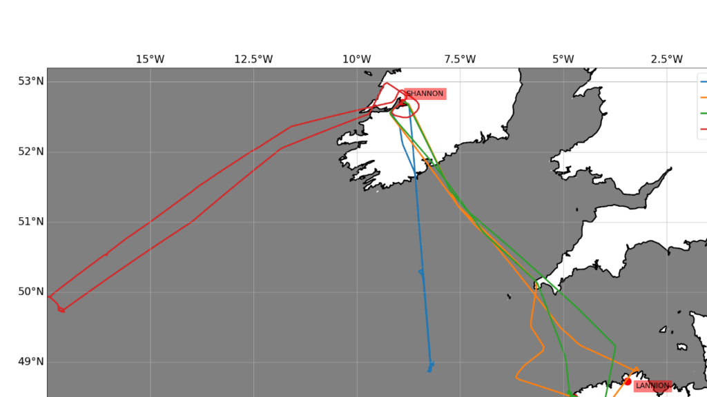 Figure 1 : Trajectoires des quatre premiers vols effectués par l’avion ATR42 (avion scientifique français piloté par SAFIRE).
