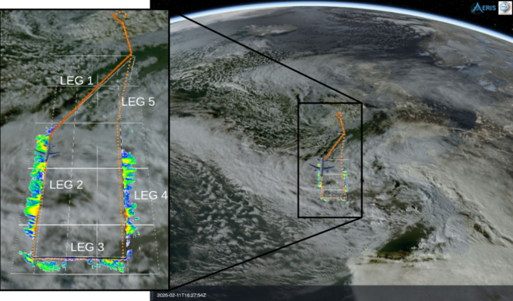 Figure 2 : Image satellite géostationnaire de la tempête Nils le 11 février 2026 et vol de l’ATR42 (trajectoire bleue sur la figure 1)