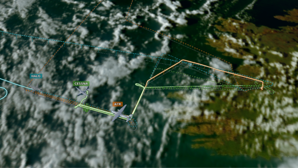 Figure 4 : Vols coordonnés des trois avions (HALO, ATR, Cessna) au dessus de la descente d’air froid (Cold air outbreak) du vendredi 13 février 2026.