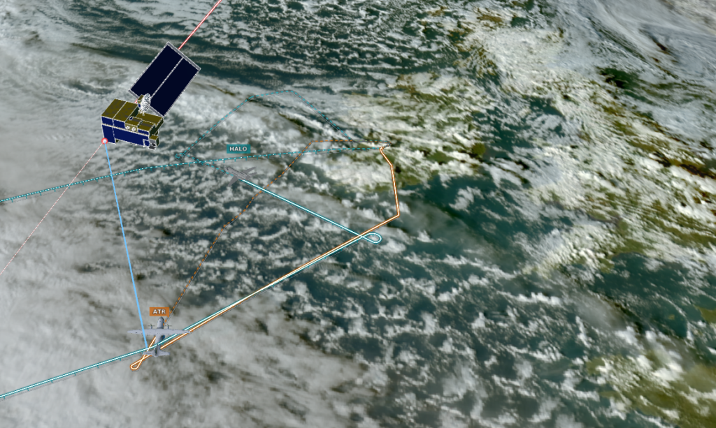 Figure 2 : Image satellite géostationnaire de l’intrusion d’air sec du 16 février 2026 et vol de l’ATR42 sous la trace du satellite EarthCare (trajectoire bleue sur la figure 1) – visualisation by AERIS (https://observations.ipsl.fr/aeris/nawdic/#/map)