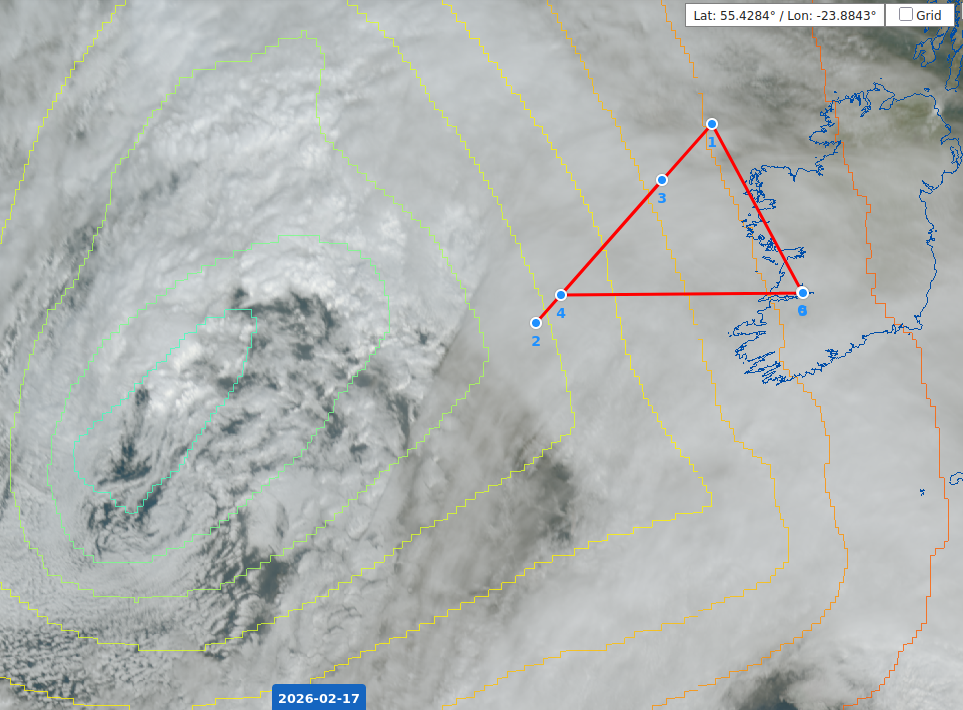 Figure 4 : Image satellite de la situation du 17 février 2026 à l’ouest de l’Irlande où se trouvait une dépression représentée par les isolignes de la pression à la surface de la mer en couleur. En rouge se trouve le vol effectué avec l’ATR42 au cours duquel l’avion a traversé le front chaud plusieurs fois à différents niveaux. visualisation by AERIS.