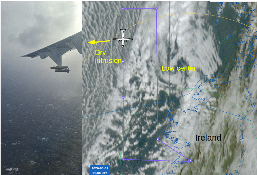 Figure 2: (A gauche) photo de l’état de la mer au moment où l’avion volait sous l’intrusion d’air sec au niveau de nuages de basses couches à 600 m d’altitude dont les structures sont montrées dans sur l’image satellite MTG à droite. (visualisation by AERIS (https://observations.ipsl.fr/aeris/nawdic/#/map). Crédit photo : Gwendal Rivière.