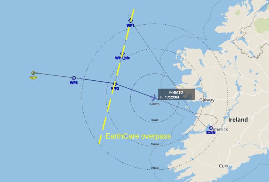 Figure 4: Plan du dernier vol de la campagne NAWDIC le mercredi 4 mars 2026. La trace EarthCare de 15:23 est montrée en jaune. (Crédits: Planet, Atmosphère).