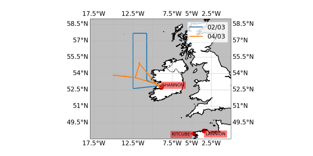 Figure 1 :Trajectoires des deux vols effectués par l’avion ATR42 (avion scientifique français piloté par SAFIRE) lors de la cinquième et dernière semaine de la campagne. Crédits : N. Maury, H. Burgaud, N. Chiabrando.