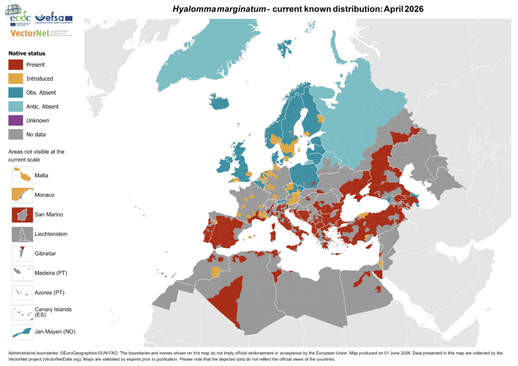 Distribution régionale de la tique Hyalomma marginatum en avril 2026 en Europe - © Centre européen de prévention et de contrôle des maladies (ECDC) / Autorité européenne de sécurité des aliments (EFSA).