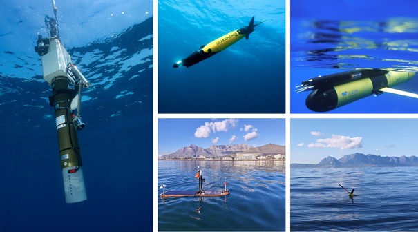 Quelques-unes des plateformes autonomes déployées par WHIRLS. À gauche : un flotteur profileur biogéochimique échantillonnant la colonne d'eau. À droite, en haut : un glider sous-marin SeaExplorer (à gauche) et un glider Slocum équipé d'une sonde de microstructure pour la mesure de la turbulence (à droite) ; en bas : un véhicule de surface autonome et un glider refaisant surface, devant la baie du Cap. Crédits : projet WHIRLS / Sean Lavis (Sea Technology Services), D. Luquet (IMEV), Alseamar, Rockland Scientific. D. R.