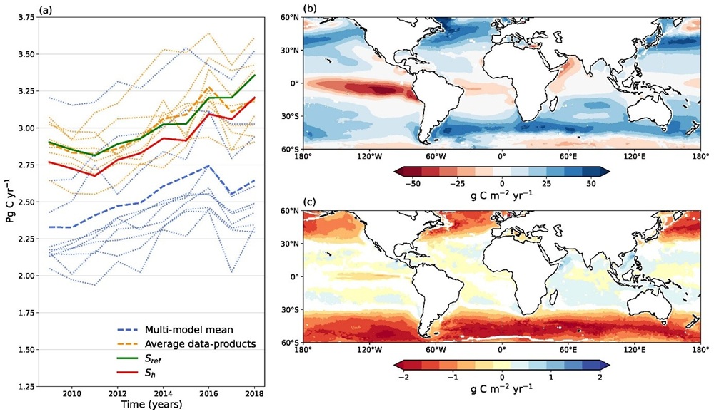 À gauche. (a) Puits océanique de CO2 global (entre 60° N et 60° S), calculé à partir de données mensuelles (Sref, ligne rouge) ou en prenant en compte les variations sub-mensuelles (Sh, ligne verte). Sont aussi représentés les puits océaniques globaux de deux familles de diagnostics du Global Carbon Budget 2024 : les diagnostics basés sur des produits de données (lignes fines orange) et leur moyenne (ligne orange en pointillés épais), ainsi que les diagnostics basés sur l'utilisation de modèles d'océan et de biogéochimie marine (lignes fines bleues) et de leur moyenne (ligne bleue en pointillés épais). À droite. Cartes correspondant à la moyenne sur la période 2009-2018 (b) du flux de référence de CO2 air-mer calculé à partir de données mensuelles et (c) de la différence moyenne de flux de CO2 dues aux variations sub-mensuelles des variables servant à calculer le flux de CO2 (les valeurs positives indiquent un dégazage moindre ou une absorption plus importante). D. R.